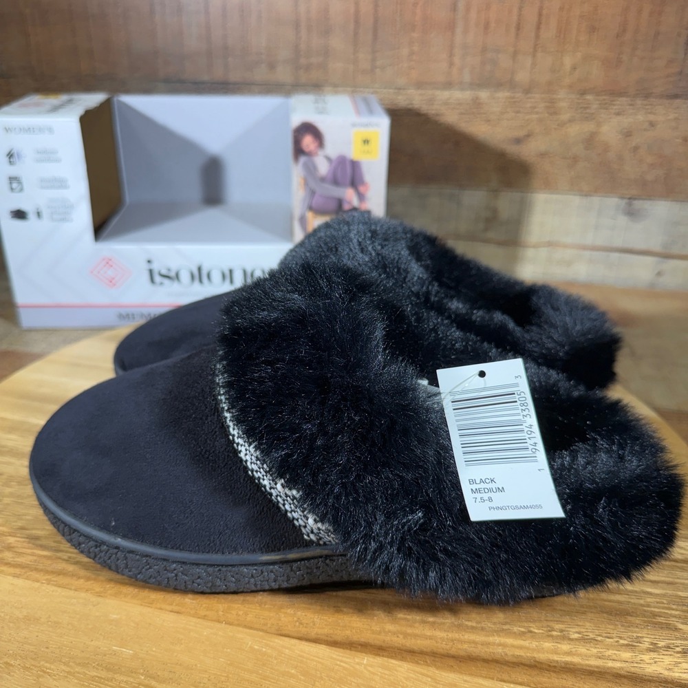 NEW Isotoner Slippers Women 7.5-8 Black Memory Foam Faux Fur Clog House Shoes